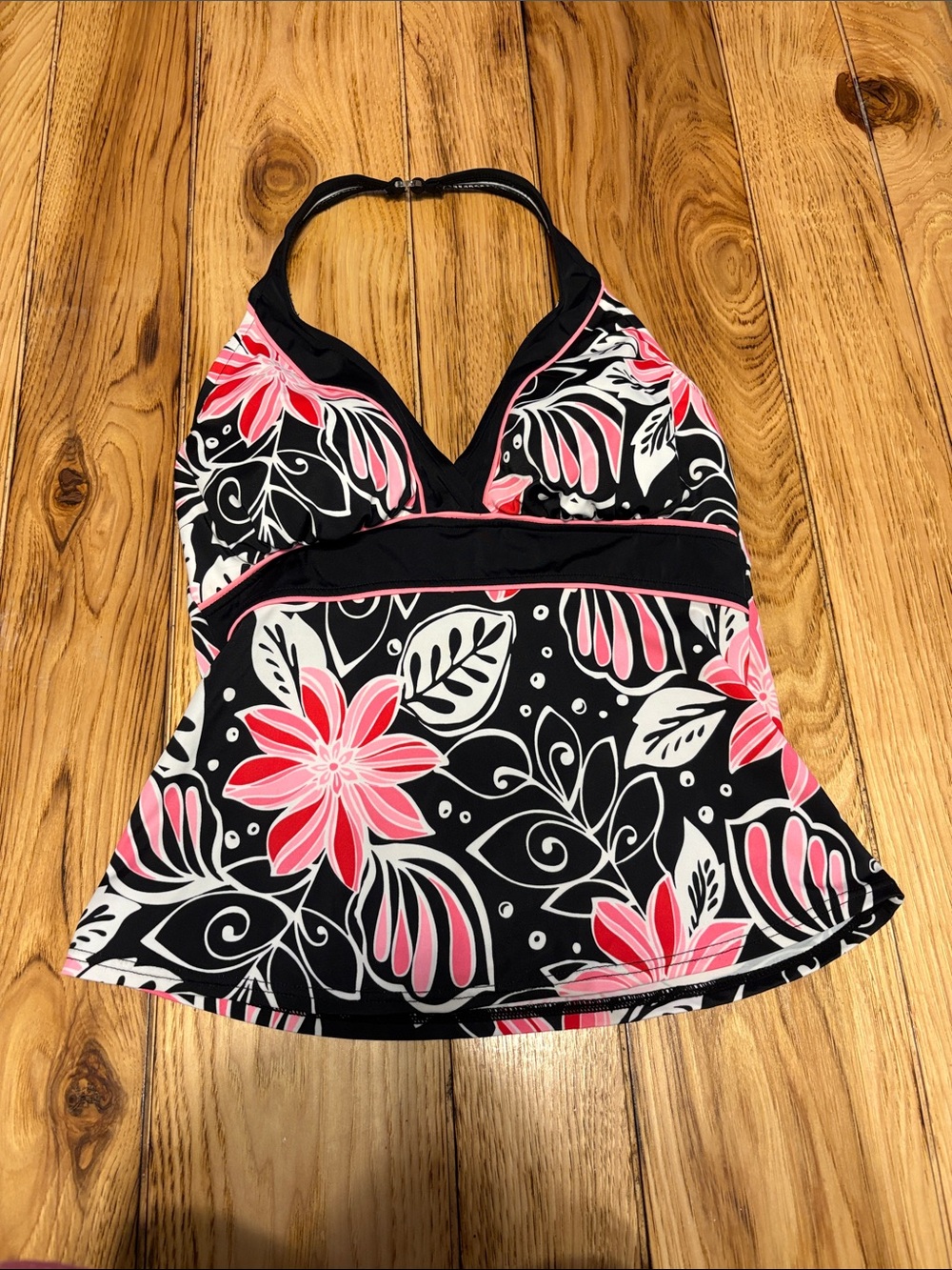 Caribbean Joe Black Halter Tankini Top with Pink Floral Print